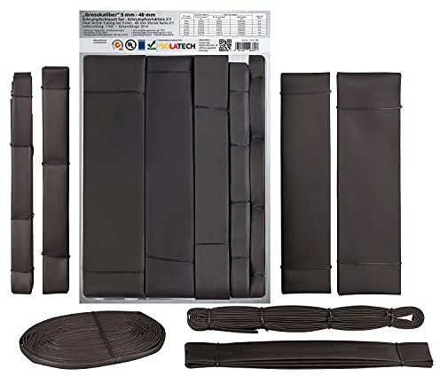 ISOLATECH Grosskaliber 20 Meter 2:1 Schrumpfschlauch Set Schrumpfverhältnis Schwarz unbeschriftet (5mm, 8mm, 10mm, 15mm, 20mm, 30mm & 40mm jeweils am Stück)
