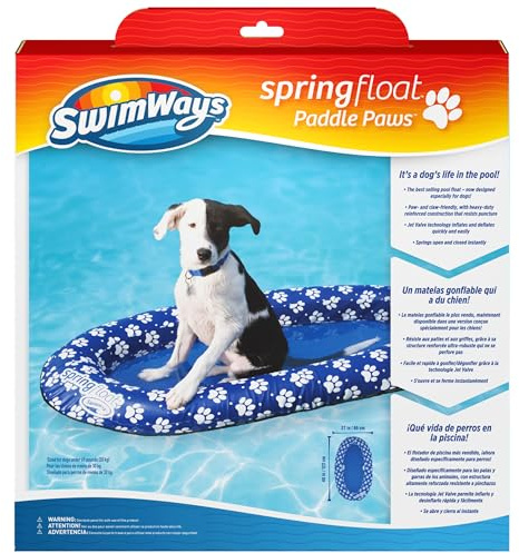 SwimWays Paddle Paws Spring Float Dog Raft, Small (0-65 lbs.) | Fast Inflation for Fast Use During Travel, Durable Scratch-Resistant Design for Use with Dogs, Includes Carrying Case
