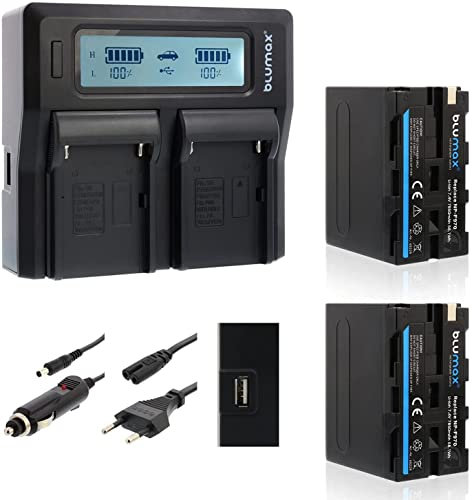 Blumax 2X Akku NP-F970 / NP-F960 LG Zellen 7850mAh + Doppelladegerät Dual Ladegerät | kompatibel mit Sony NP-F750 NP-F550 NP-F990 für Blitzgeräte Videoleuchten Fieldmonitore