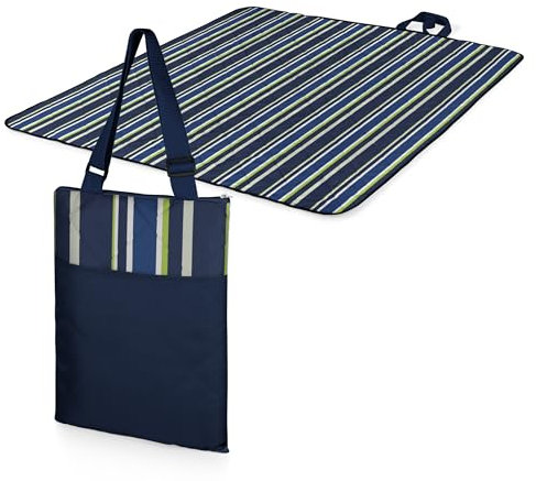 Picnic Time ONIVA - a brand - Vista Outdoor Picnic Blanket & Tote - Beach Blanket - Camping Blanket, (Blue Stripe Pattern with Navy Blue Exterior)
