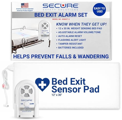 Secure Bed Alarm for Elderly Adults - 80-120 dB Patient Monitor,12 x 30 Pressure Sensor Pad - Bed Alarms and Fall Prevention - Dementia Patients Caregiver Alert - Hospital Nurse Call Compatible