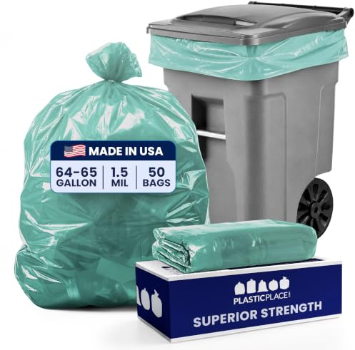 Plasticplace Bolsas de basura resistentes de 64 a 65 galones para Toter │ 1.5 mil │ Bolsas de basura verdes resistentes │ 50 x 60 pulgadas (50 unidades)