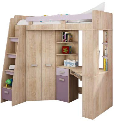 FurnitureByJDM Hochbett mit Schreibtisch, Schrank und Regalen | Komplettes Möbelset (120x204 cm) - Kinderbett 80x200 cm mit Stauraum - Treppe Linken Seite (EicheSonoma/Lavendel/Violett)