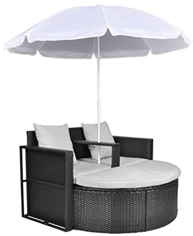 vidaXL Gartenlounge mit Sonnenschirm Poly Rattan Liege Sonnenliege Gartenmöbel