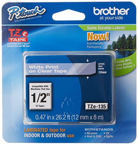 Brother Laminiertes Klebeband, Einzelhandelsverpackung, 1/2 Zoll, weiß, auf transparent (TZe135)