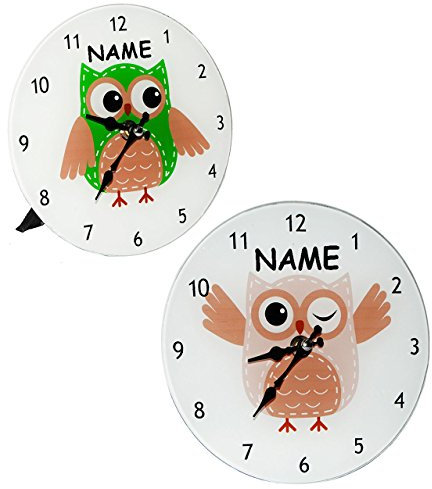 alles-meine.de GmbH Wanduhr/Tischuhr/Standuhr - aus Glas - lustige Eule - incl. Namen - 18 cm Uhr - groß - für Kinderzimmer Kinderuhr - Analog - leise - Fast lautlos/Mädche..
