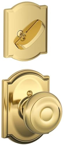 Schlage Lock Company F59GEO605CAM Polished Brass Georgian Interior Pack Knob Set with Single Cylinder Deadbolt and Decorative Camelot Rose