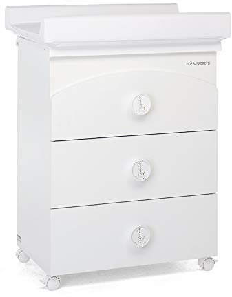 Foppapedretti Bagnetto Fasciatoio Raffy, Legno, Made in Italy, 3 Cassetti, Piano Fasciatoio Ribaltabile, Vaschetta Anatomica Estraibile, 4 ruote, Materissani Incluso, 69x50x131 cm, Bianco