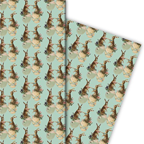 Romantisches Vintage Oster Geschenkpapier Set (4 Bogen), Dekorpapier mit Retro Hasen für tolle Geschenk Verpackung zur Geburt, Ostern, Geburtstag, Hochzeit, Weihnachten 32 x 48cm, hellblau