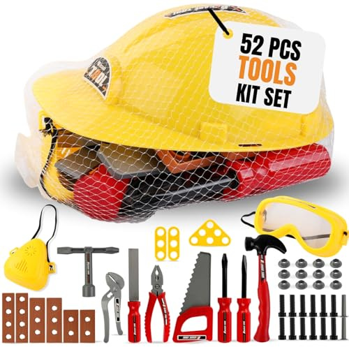 Kids Handyman Tools Toy Set, 52 PCS Mechanic Pretend Play Construction Playset with Hard Hat, Nuts, Bolts - Realistic Plastic Toddler Children Accessories for Workbench