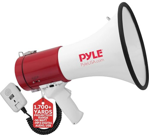 Pyle Megaphon mit Sirene, Signalhorn – Siren Megaphone – Megafon Kinder & Erwachsene 50 Watt bis 1100m Reichweite, Faltbare Megafon mit Mikrofon & wiederverwendbare Batterie, faltbare Handsirene
