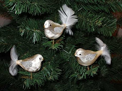 3 TLG. Glas Vogel Set in Ice Champagner Silber - Christbaumkugeln - Weihnachtsschmuck-Christbaumschmuck