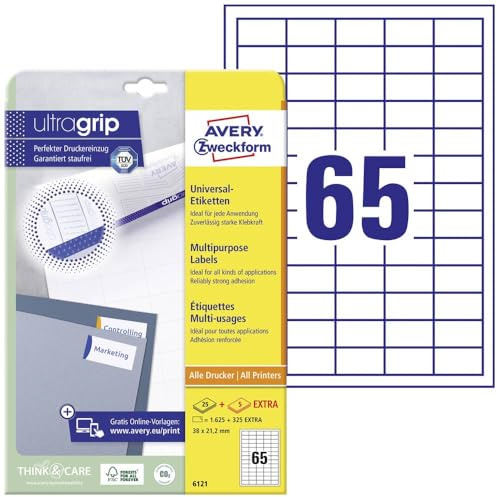 AVERY Zweckform 6121 Universal Etiketten (1.625 plus 325 Klebeetiketten extra, 38x21,2mm auf A4, Papier matt, individuell bedruckbar, selbstklebende Aufkleber mit ultragrip) 30 Blatt, weiß