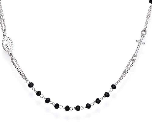 Amen Gioielli, Collana Rosario Girocollo, Collana Argento 925, Rodiato con Cristalli Neri, Regalo Donna, Regalo Uomo, Made In Italy