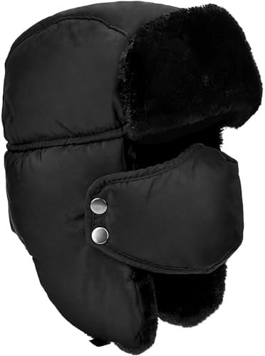 DOXHAUS Unisex Winter Warm Hat with Ear Flaps, Trapper Hat Faux Fur Aviator Hat – Ice Skating Skiing, and Other Outdoor Activities, Schwarz