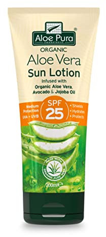 Aloe Pura, Organic Aloe Vera Sun Lotion SPF 25, Natural, Vegetarian, Cruelty Free, Paraben & SLS Free, Long-Lasting Shield, Medium Protection, 200ml