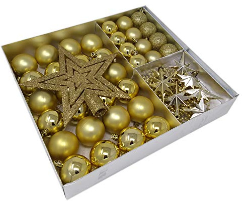 ToCi Christbaumschmuck Set 45-teilig Gold – Weihnachtskugeln, Sterne & Perlenkette - Glänzende & Matte Kugeln aus Kunststoff - Bruchsicherer Baumschmuck für Weihnachtsbaum & Kranz