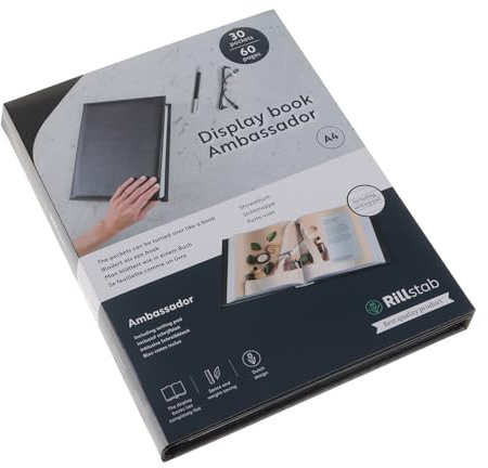 RILLSTAB Ambassadeur Sichtbuch A4 Kunstleder 30 Klarsichthüllen, Premium Präsentationsmappe liegt flach blätterbar wie ein Buch, Portfoliomappe Business Bewerbung Büro, Schwarz RI98034