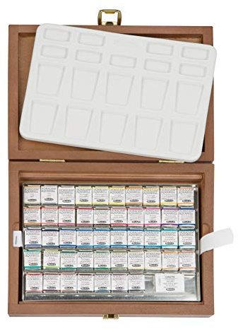 Schmincke - HORADAM® AQUARELL Premium Color Box with 47 Colors, ONetz and Porcelain Palette, 74548097, Wooden Box, Painting Set, Finest Watercolors, 47 x 1/2 Pans