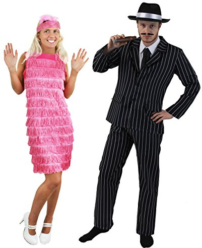 COUPLES 1920's GANGSTER & FLAPPER GIRL FANCY DRESS COSTUME - PINSTRIPE GANGSTER SUIT + BLACK TRILBY HAT | LADIES FRINGE FLAPPER DRESS WITH FEATHER HEADBAND BY ILOVEFANCYDRESS®