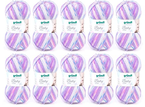 Gründl Wolle Baby color Babywolle 10 Knäuel 50 g, flieder-weiß | Babywolle zum Häkeln und Stricken mit Farbverlauf - 70 % Polyacryl, 30 % Polyamid - 50 g / 150 m - Nadelstärke 3,5 -4,5