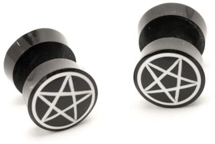 81stgeneration svart horn pentagram stjärna falska mätpluggar för män – 10 mm tribal falska öronexpanderare för kvinnor – Wiccan-symbol falska stretchers – surfare gotisk fuskfuskfuskjacka smycken