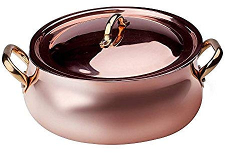 Pentole Agnelli ALCU108C24 Casseruola Bassa Bombata con Due Maniglie in Ottone e Coperchio, Rame liscio stagnato a mano, 24 cm