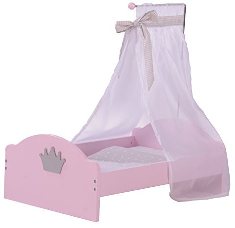 roba Puppenbett aus Puppenmöbel Serie „Sophie“, Puppenbett inkl. textiler Ausstattung, Bettwäsche und Himmel, Puppenzubehör rosa, 1 Stück (1er Pack)