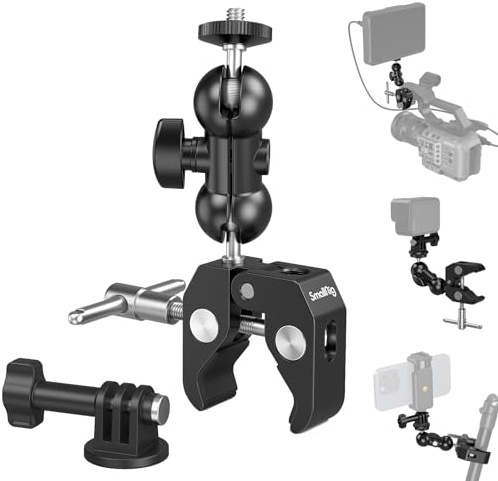 SMALLRIG Super Camera Clamp Mount, Double Ball Head Magic Arm Adapter, Fence/Desk/Tripod Mount for Monitor/Light/Camera, for Insta360, for Gopro