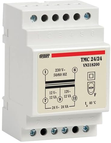 VEMER VN318200 TMC 24/24 - Transformator für Hutschienen mit Primärspannung 230V, Trafo mit Sekundärspannung 12-24V und Leistung 24VA, Weiß