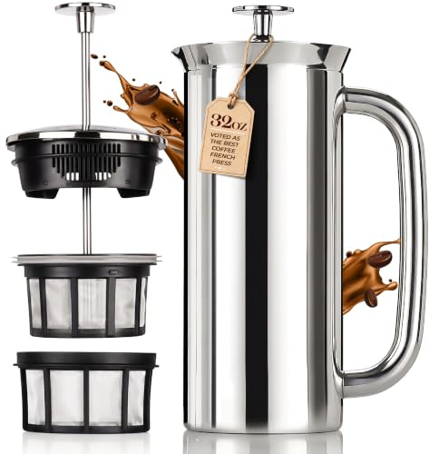 ESPRO P7 Pressbryggare Rostfritt Stål, Dubbla Vaggar, 950 ml | Vakuumisolerat rostfritt stål, patenterat dubbelt mikrofilter, kaffe utan sump