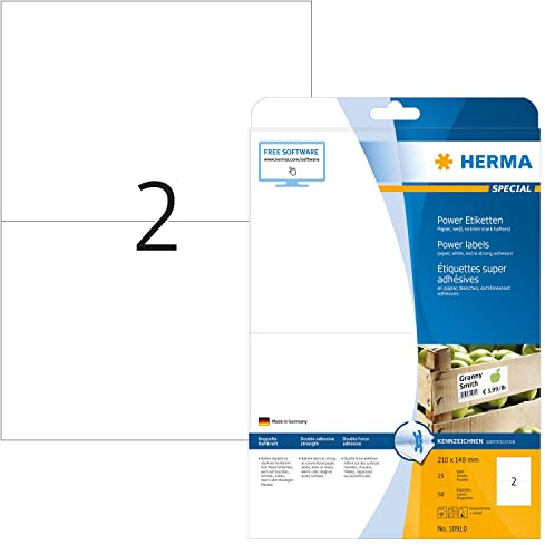 HERMA 10910 Power Etiketten, 25 Blatt, 210 x 148 mm, 2 pro A4 Bogen, 50 Stück, selbstklebend, bedruckbar, extrem stark haftend, blanko Papier Klebeetiketten Aufkleber, weiß