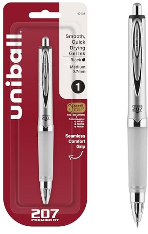 uni-ball 207 Premier RT Gel Pen in Black with 0.7mm Medium Point Pen Tip, Uni-Super Ink is Smooth, Vibrant, and Protects Against, Water, Fading, and Fraud