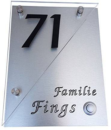 Modernes Klingelschild K12 + Hausnummer mit Klingel Rechts. Aluminium im Edelstahl - Design + Acrylglas Inkl V2A Befestigungsset. Gravur nach Wunsch. Auch LED - Taster möglich