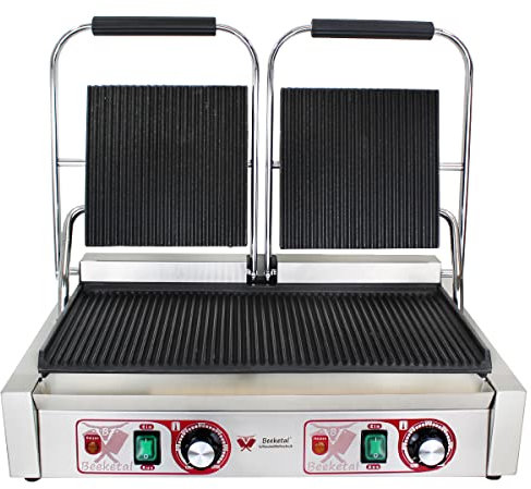 Beeketal 'BKG7' Gastro Doppelt Kontaktgrill mit Gusseisen Grillpatten (oben und unten gerillt) mit Fettauffangschale, Profi Edelstahl Elektrogrill ideal als Panini Grill Maker oder Sandwich Toaster