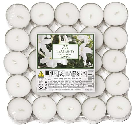 Petali Candles - Candele Tealight Profumati al Gelsomino - 25 Pezzi - Durata Fino a 4 Ore di Combustione