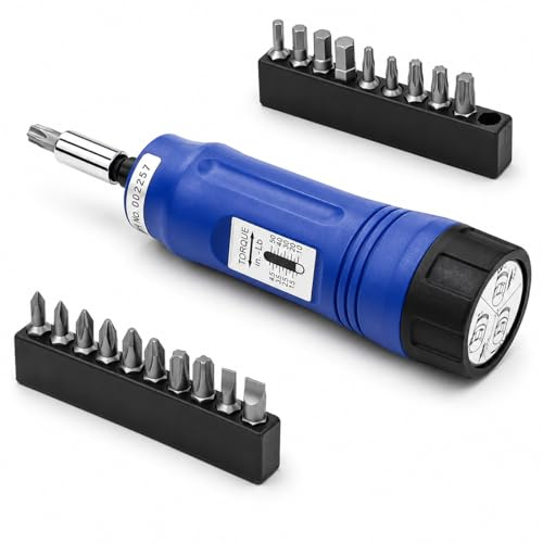 Adjustable Gun Torque Screwdriver 1/4 inch Drive Long Shank 10-50 in/lb with 14pcs Bits Set & Case