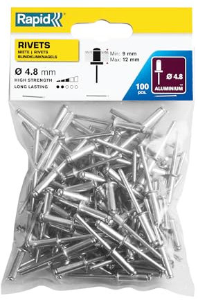 Rapid Blindnieten Aluminium Standard Ø 4,8mm, 9-12mm Klemmbereich, 100 Stück pro Beutel, für Blindnietzangen