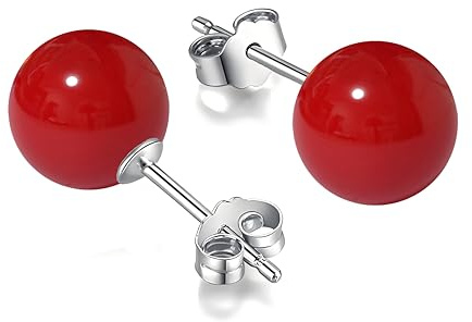 Schmuckwilli Perlenohringe für Damen & Mädchen - mit 8mm großen roten runden Muschelkernperlen MK Perlen - Elegante Ohrringe für jeden Anlass - Ohrstecker - Ohrhänger Pearl earrings für Frauen