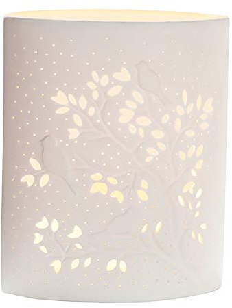 GILDE Tisch Leuchte Tischlampe Dekolampe Vögel auf Baum - aus edlem Porzellan mit Lochmuster H 20 cm