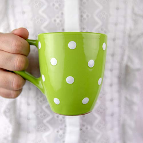 City to Cottage® Cerámica en Verde Lima y Blanco | Diseño de Lunares | Hecha y Pintada a Mano | Cerámica Esmaltada 10 oz/300 ml | Taza Grande Tazón con Asa para Chocolate Caliente Café Té | Regalo