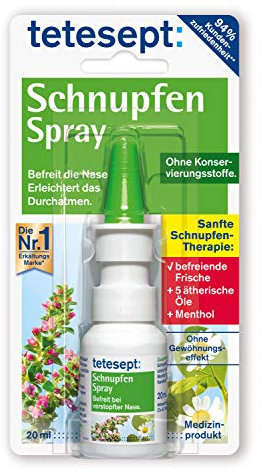tetesept Schnupfen Spray – Nasenspray mit 5 ätherischen Ölen bei Erkältung - befreit die Nase, erleichtert das Durchatmen & befeuchtet die Nasenschleimhaut – 1 x 20 ml