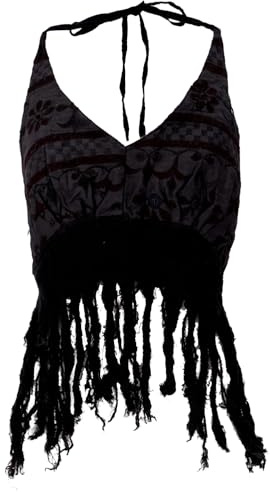 GURU SHOP Goa Top, Psytrance, Bandeau Top, Rückenfreies Fransentop - Schwarz, Damen