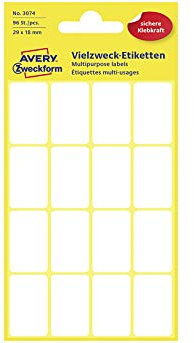 AVERY Zweckform 3074 Haushaltsetiketten selbstklebend (29x18 mm, 96 Aufkleber auf 6 Bogen, Vielzweck-Etiketten für Haushalt, Schule und Büro zum Beschriften und Kennzeichnen) blanko, weiß
