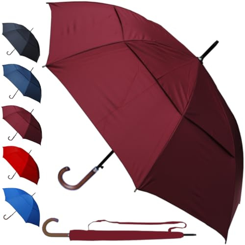 COLLAR AND CUFFS LONDON 95 KPH Ombrello Classico Antivento Robusto Grande Automatico Uomo Donna - Fibra di Vetro - Ventilato Doppio Calotta - Manico In Legno - Da Pioggia - Rosso Bordeaux