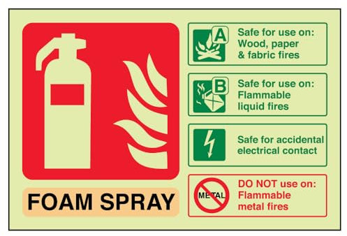 V Safety 11024AL-G Glow In The Dark Foam Spray Id Electrical Safe Fire Extinguisher Sign - 150mm x 100mm - Rigid Plastic, Beige/Black/Green/Red