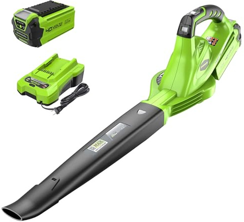 Greenworks 40V Leaf Blower/Sweeper, 150 MPH / 135 CFM, Lightweight, Quiet, with 2.0 Ah Battery and Charger, Perfect for Residential Lawn Care, Leaf Blowing Debris, Dust, Light Snow, and More