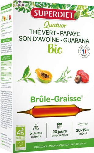 SUPERDIET – QUATUOR BRÛLE-GRAISSE BIO – Guarana, Maté, Thé Vert, Papaye – Fabrication française – Titré en caféine – 2025 mg de plantes – 20 ampoules de 10 ml