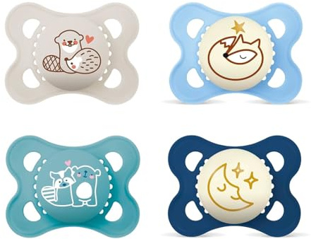 MAM Day & Night Skin Soft Silicone Dummy 0-6 // Neutral // Set of 4 // Includes 2 Sterilised Transport Boxes