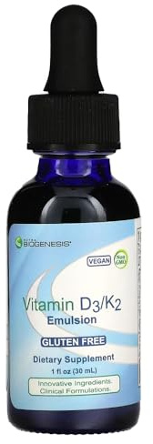 Nutra Biogenesis Vitamin D3/K2 Emulsion - Liquid Vitamin D Drops with MCT Oil, D3 K2 Supplement for Adults and Kids, Sublingual Oil Dropper for Women and Men - 1 Fl Oz Bottle (30 ml)
